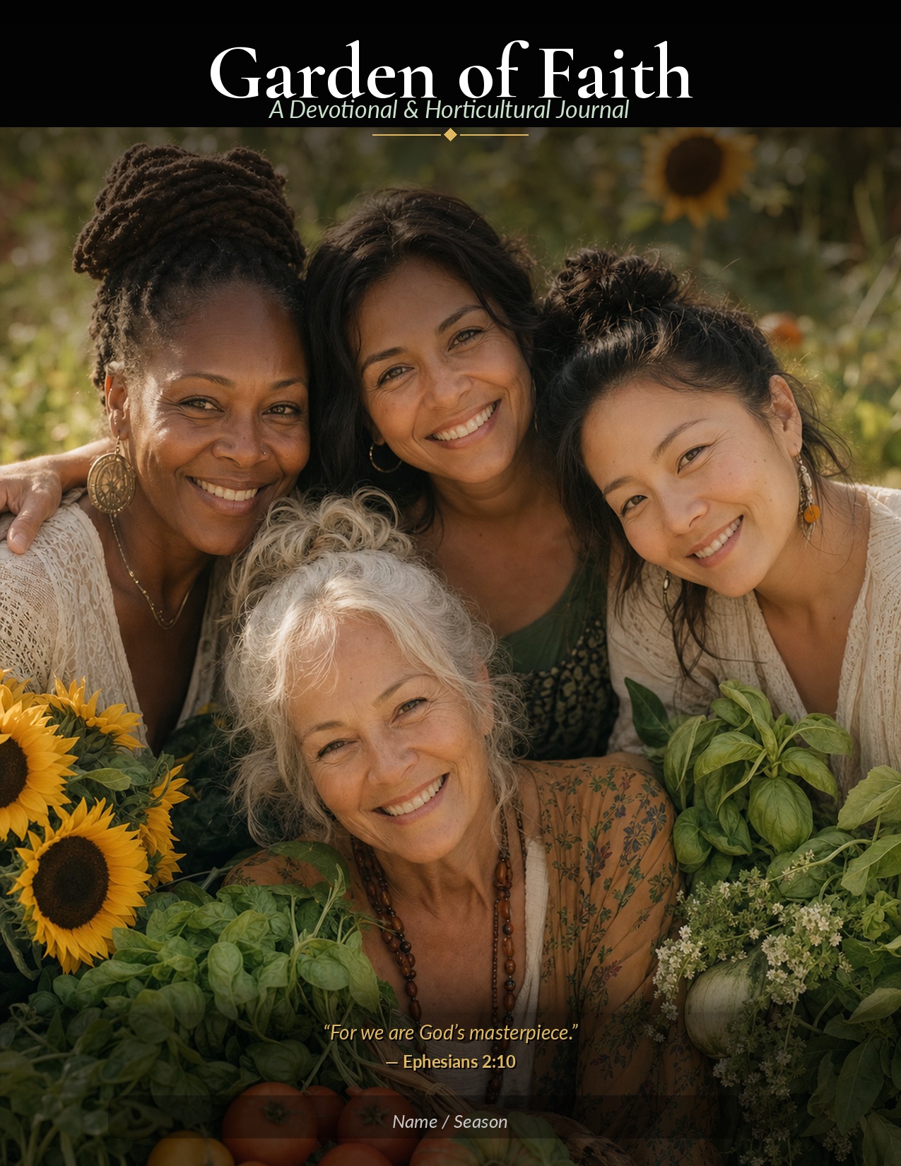 Garden of Faith journal cover — diverse women in a vegetable garden